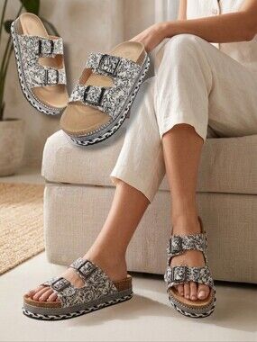 Like New 🌸 Women's Bohemian Double-Buckle Cork Platform Slides
